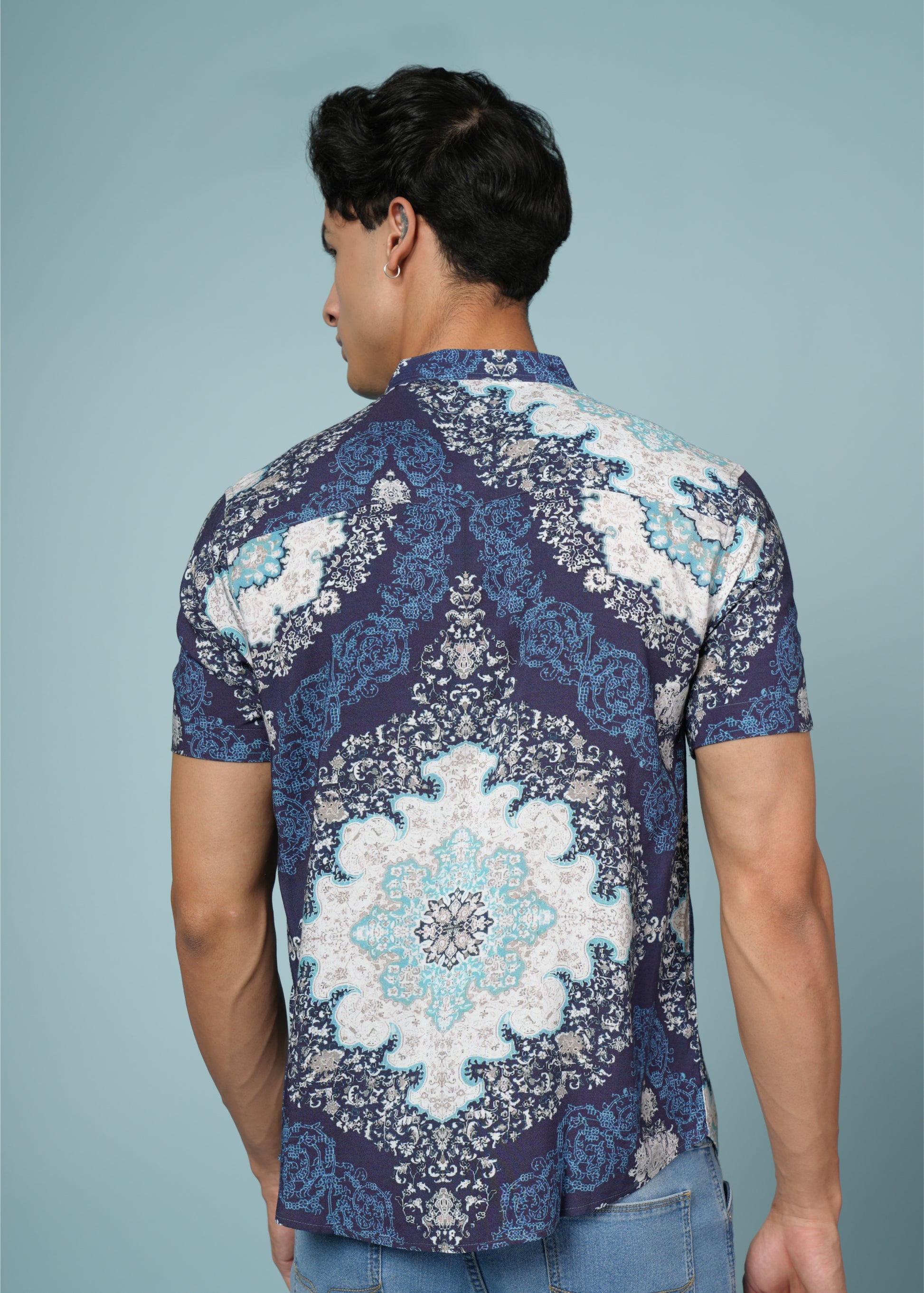 Men’s Blue Printed Rayon Shirt – Soft Fabric | Stylish Casual Wear