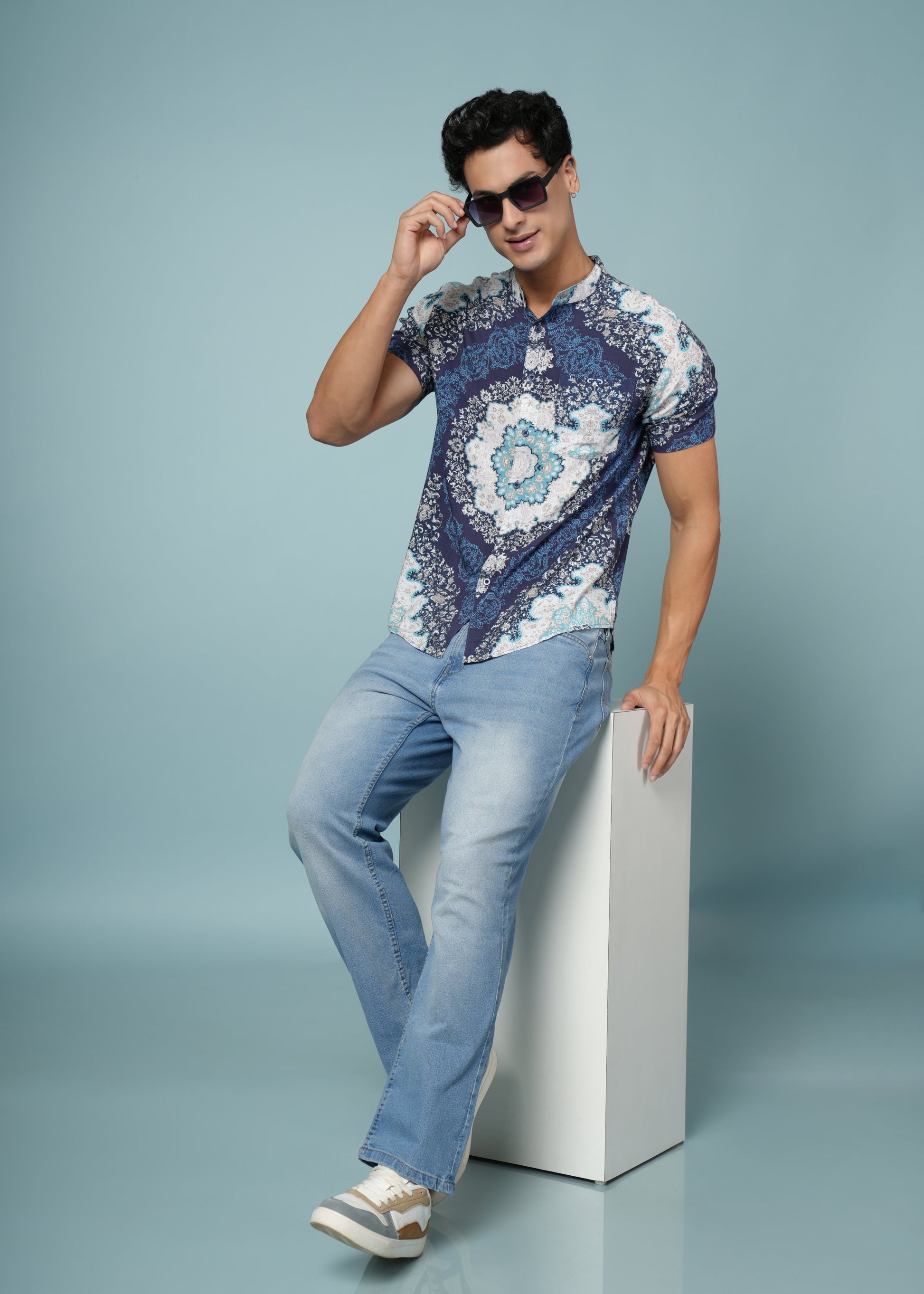 Men’s Blue Printed Rayon Shirt – Soft Fabric | Stylish Casual Wear