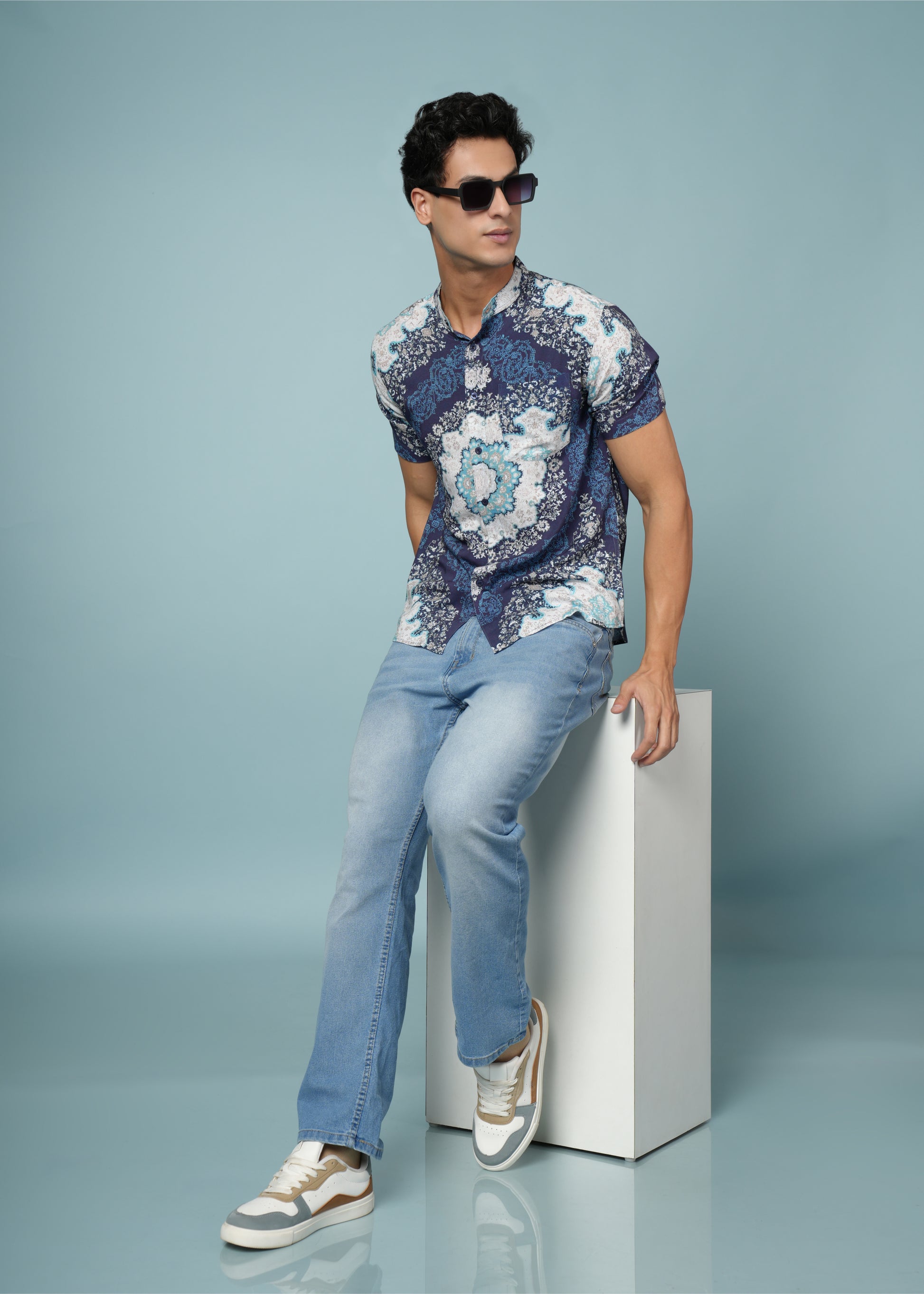 Men’s Blue Printed Rayon Shirt – Soft Fabric | Stylish Casual Wear