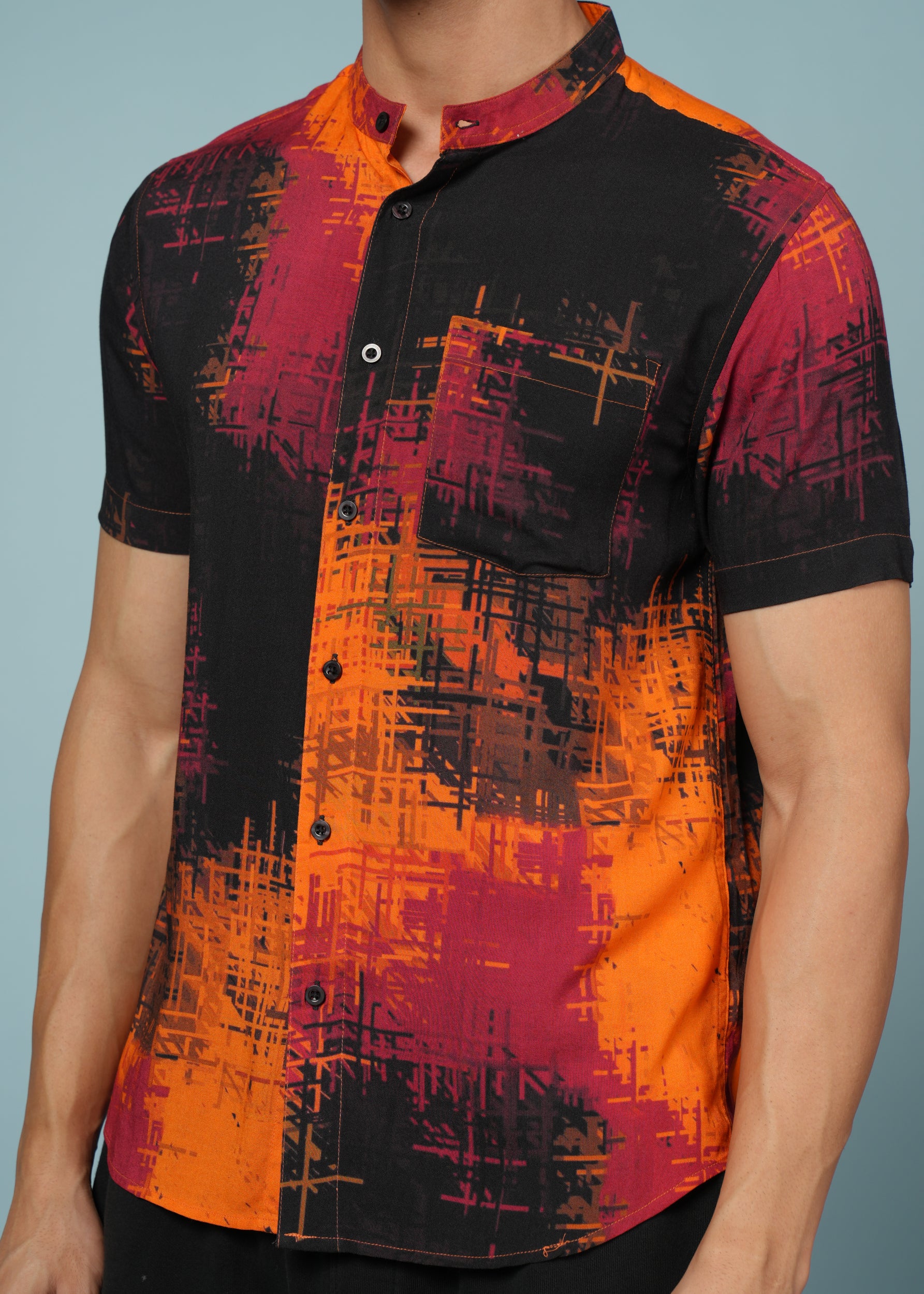 Men’s Abstract Rayon Shirt – Black & Orange Bold Casual Wear