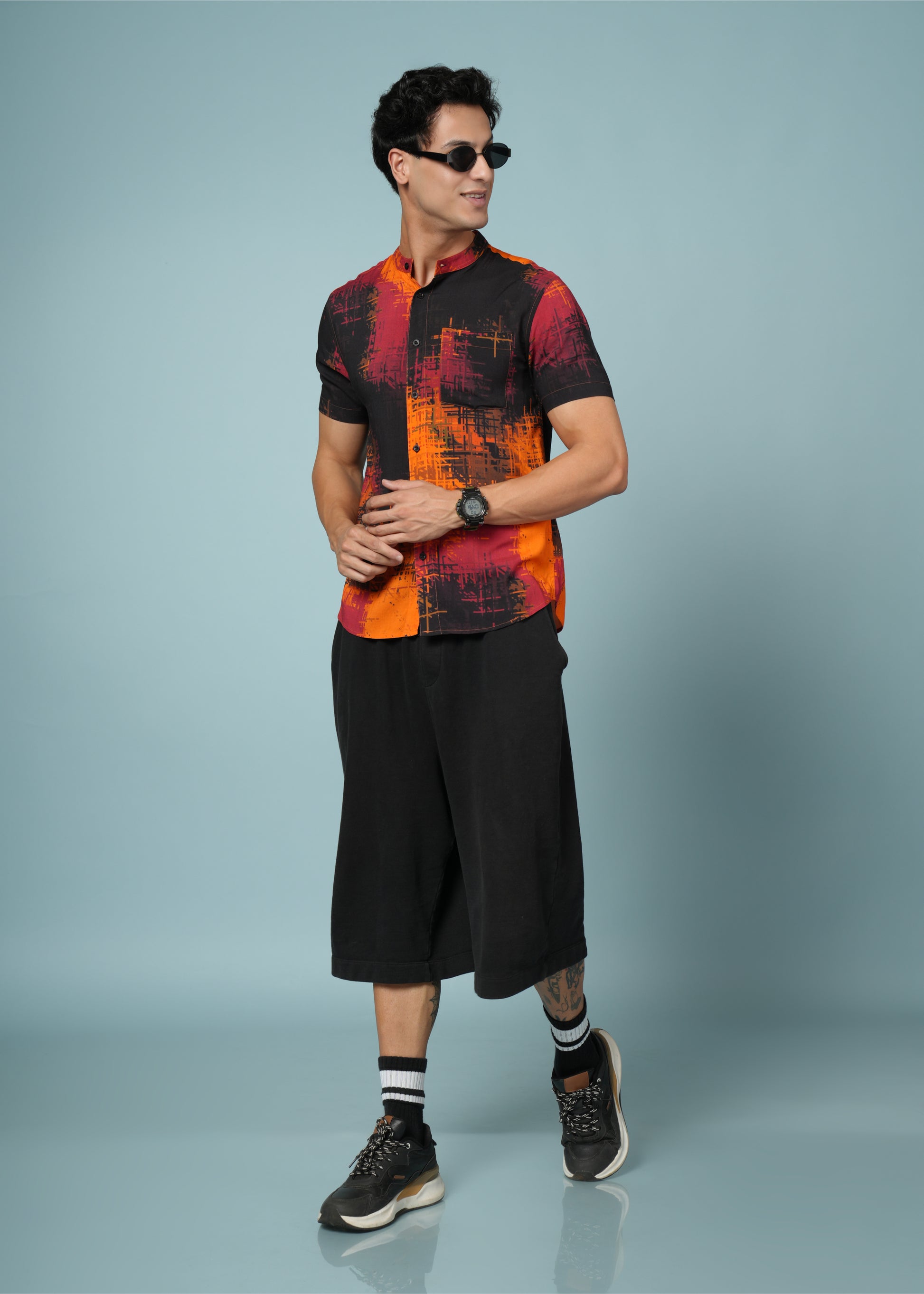 Men’s Abstract Rayon Shirt – Black & Orange Bold Casual Wear
