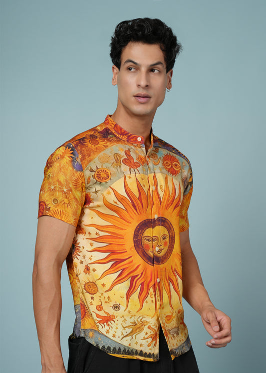 Men’s Sun Print Rayon Shirt – Vibrant Casual Wear with Mandarin Collar