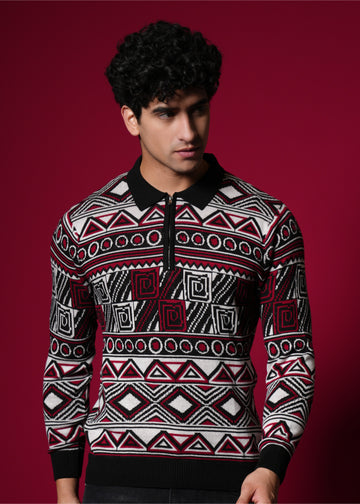 Men’s Premium 100% Cotton Flat Knit Sweater – Geometric Winterwear