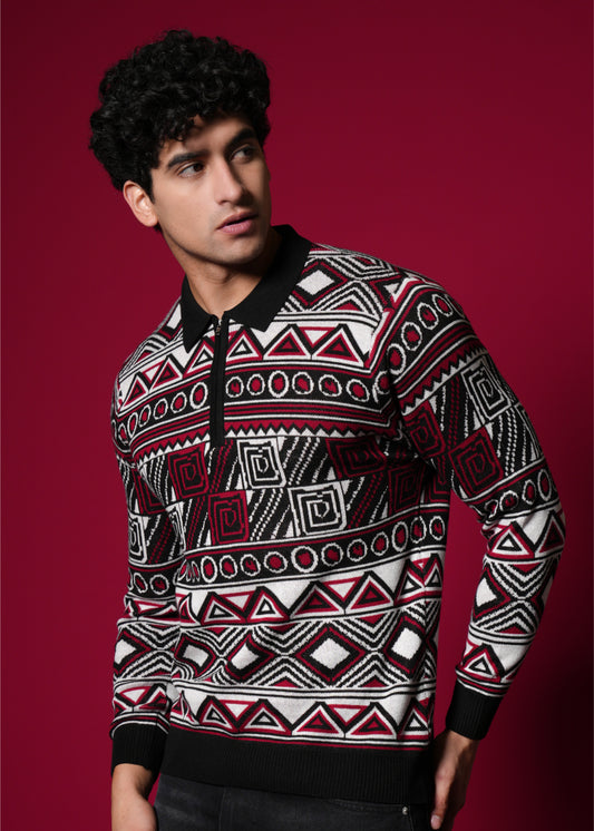 Men’s Premium 100% Cotton Flat Knit Sweater – Geometric Winterwear