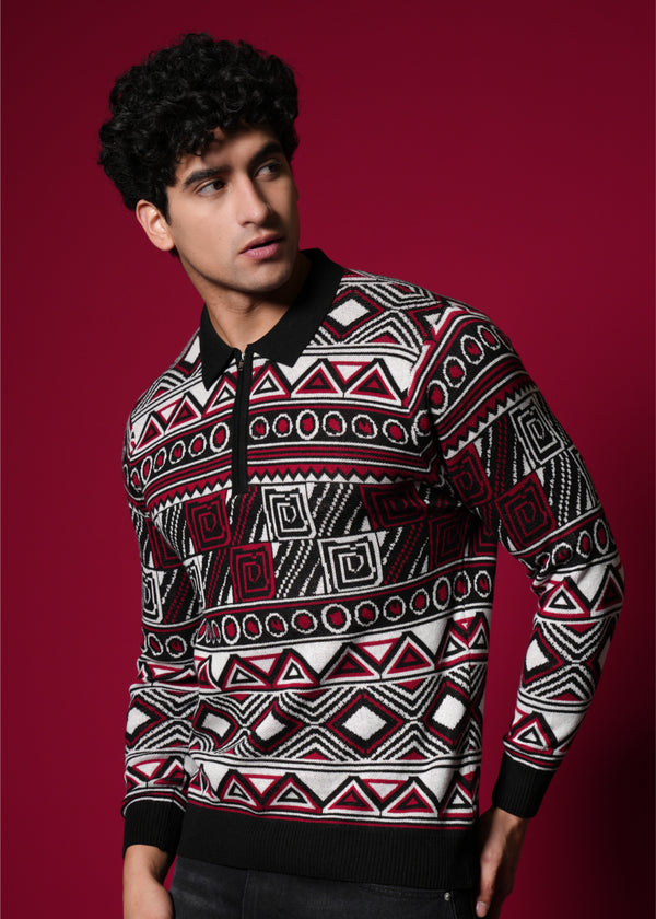 Men’s Premium 100% Cotton Flat Knit Sweater – Geometric Winterwear