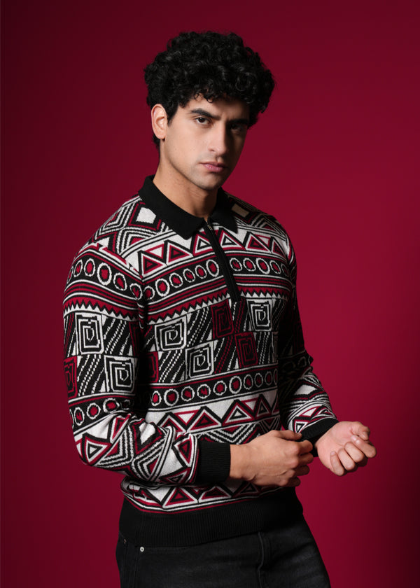 Men’s Premium 100% Cotton Flat Knit Sweater – Geometric Winterwear