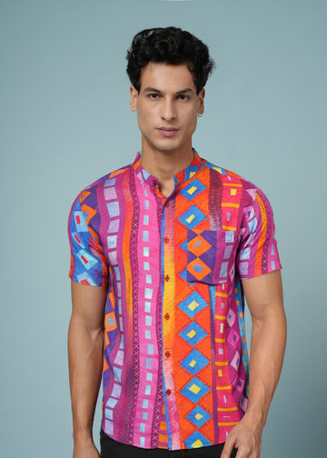 Men’s Multicolour Rayon Geometric Printed Shirt – Bold Summer Style