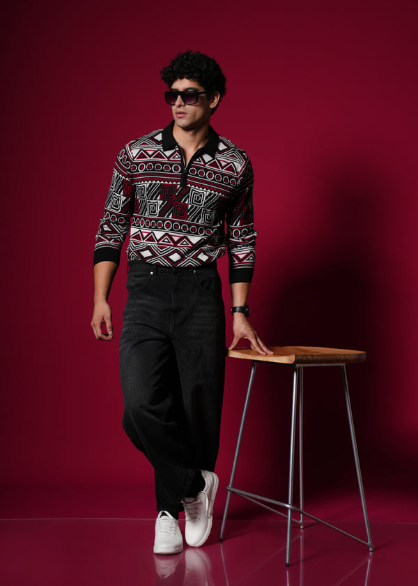 Men’s Premium 100% Cotton Flat Knit Sweater – Geometric Winterwear