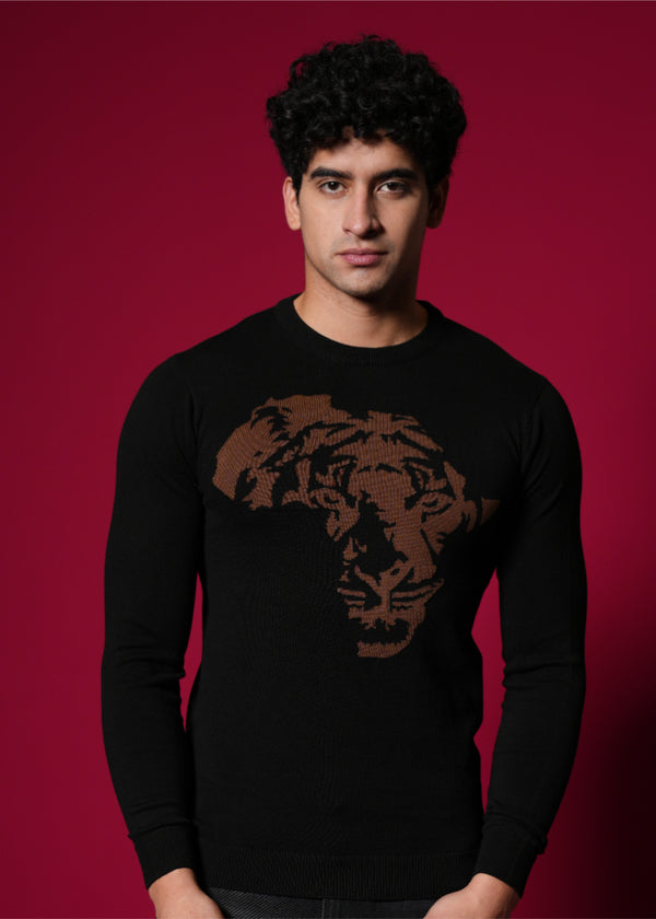 Men’s 100% Cotton Flat Knit Sweater – Black Tiger Graphic | Premium Winter wear
