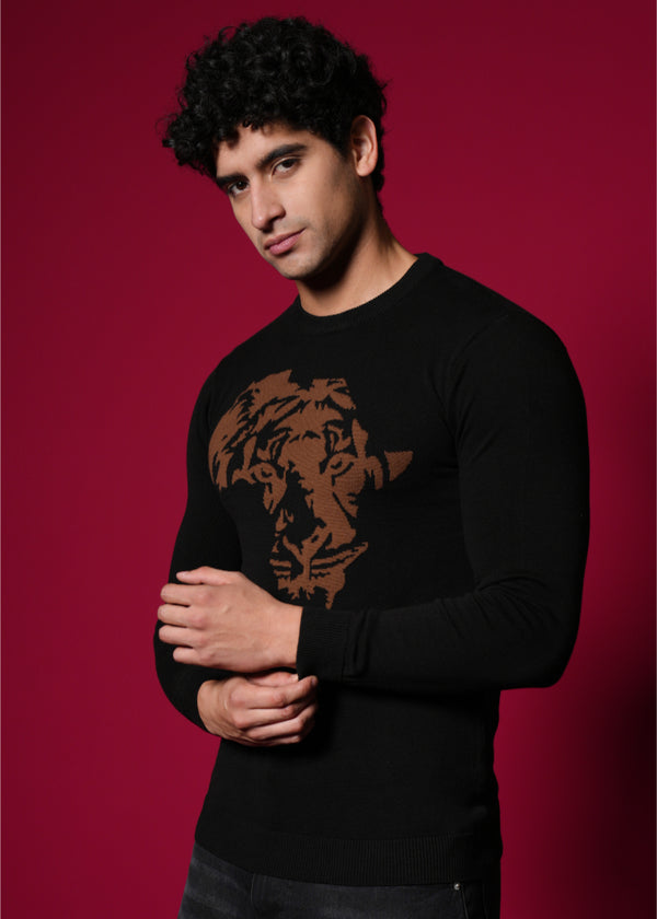Men’s 100% Cotton Flat Knit Sweater – Black Tiger Graphic | Premium Winter wear
