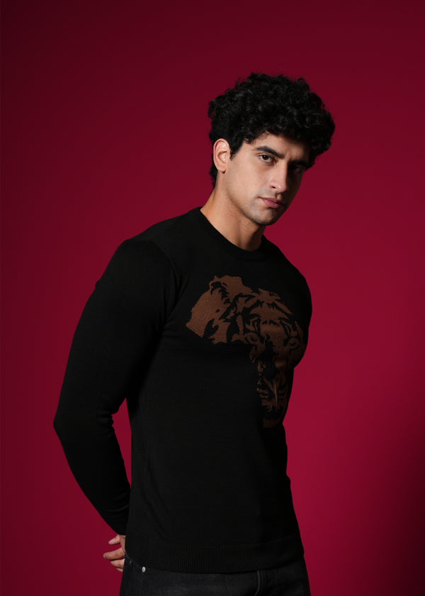 Men’s 100% Cotton Flat Knit Sweater – Black Tiger Graphic | Premium Winter wear