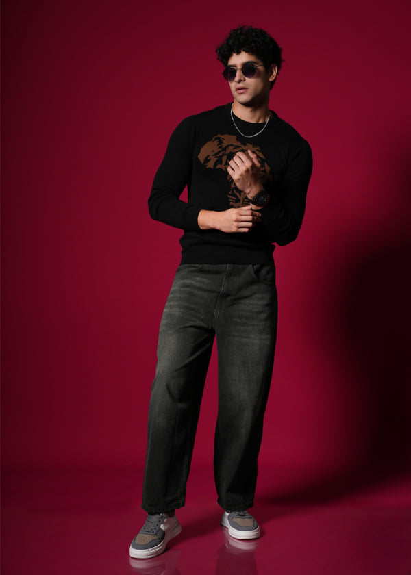 Men’s 100% Cotton Flat Knit Sweater – Black Tiger Graphic | Premium Winter wear