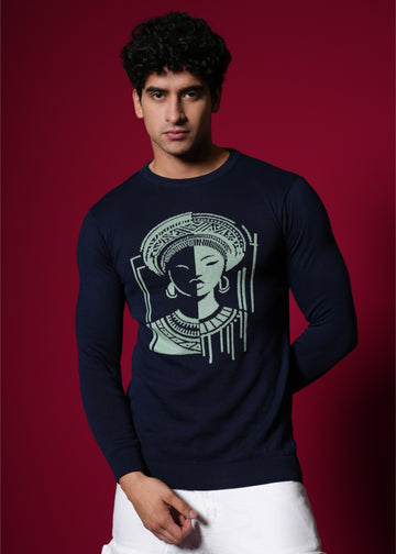Men’s 100% Cotton Flat Knit Graphic Sweater – Premium Navy Blue Winter wear