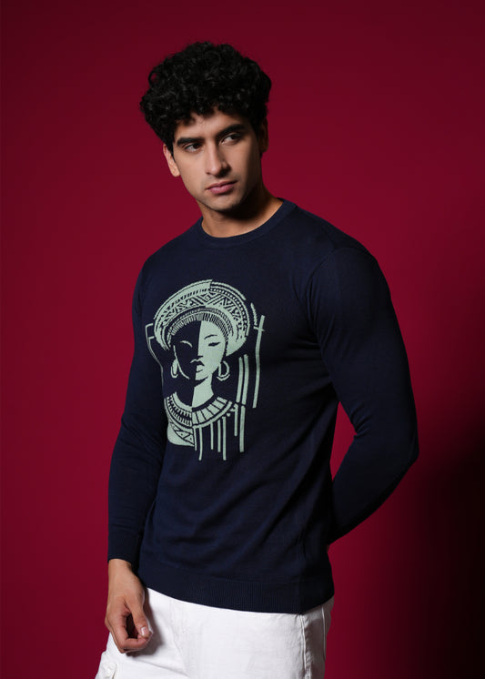 Men’s 100% Cotton Flat Knit Graphic Sweater – Premium Navy Blue Winter wear