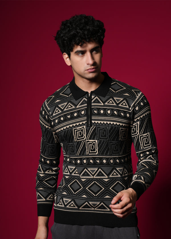 Men’s 100% Cotton Flat Knit Geometric Sweater – Premium Winter wear