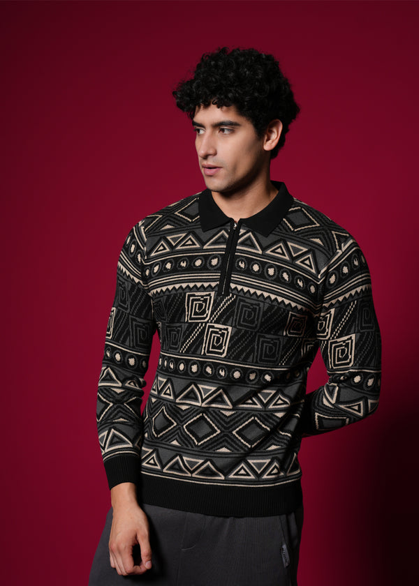 Men’s 100% Cotton Flat Knit Geometric Sweater – Premium Winter wear