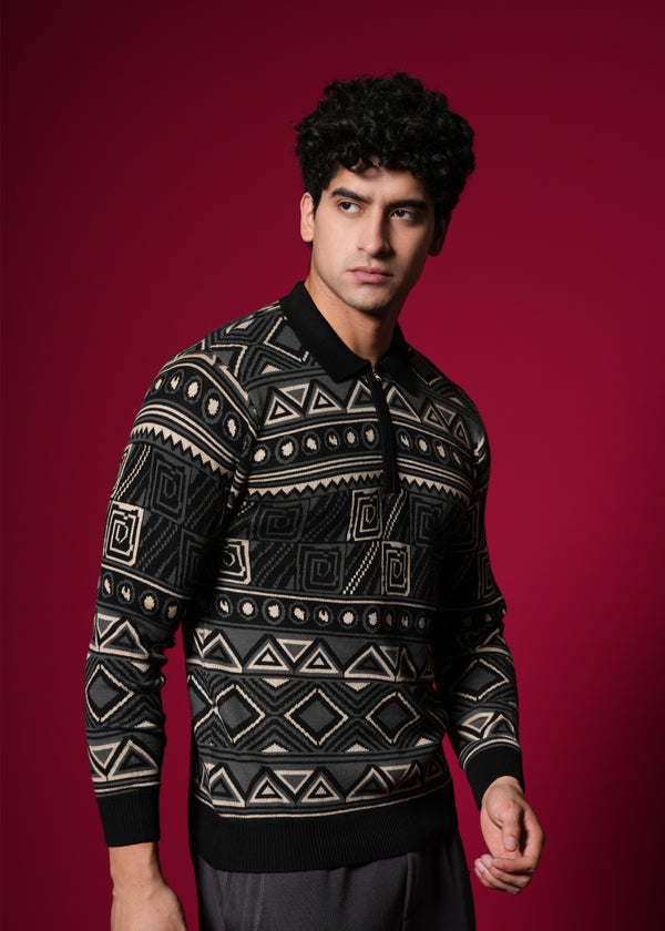 Men’s 100% Cotton Flat Knit Geometric Sweater – Premium Winter wear