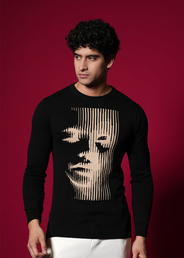 Men’s Pure Cotton Flat Knit Sweater – Abstract Face Graphic | Premium Black Winter wear
