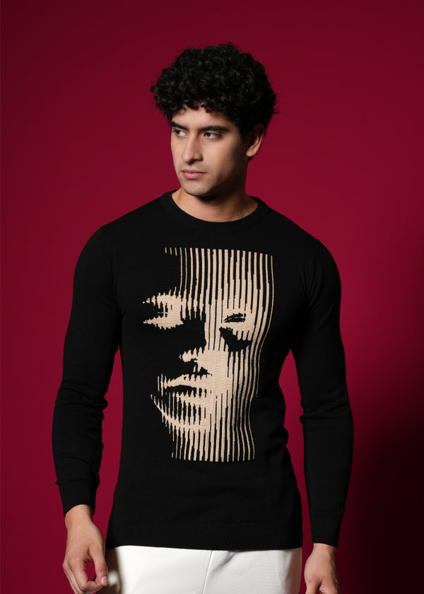Men’s Pure Cotton Flat Knit Sweater – Abstract Face Graphic | Premium Black Winter wear
