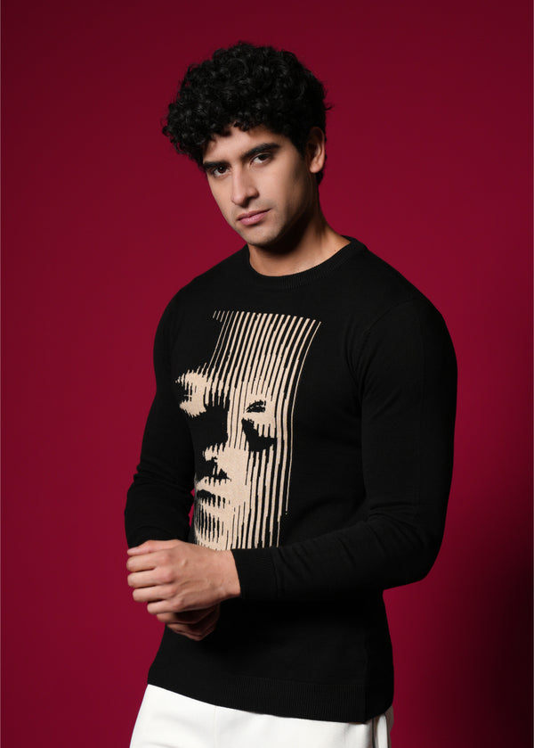 Men’s Pure Cotton Flat Knit Sweater – Abstract Face Graphic | Premium Black Winter wear