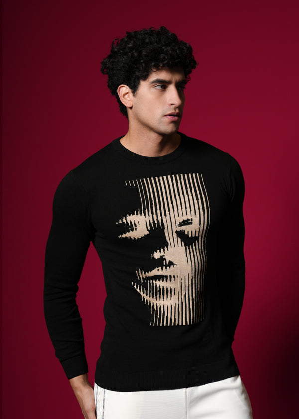 Men’s Pure Cotton Flat Knit Sweater – Abstract Face Graphic | Premium Black Winter wear