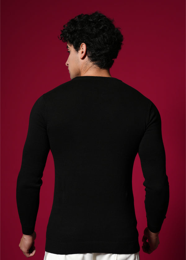 Men’s Pure Cotton Flat Knit Sweater – Abstract Face Graphic | Premium Black Winter wear