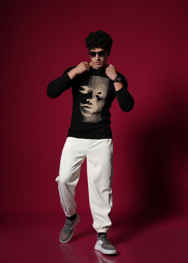 Men’s Pure Cotton Flat Knit Sweater – Abstract Face Graphic | Premium Black Winter wear