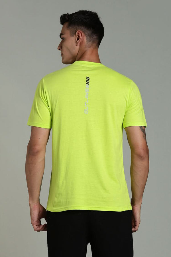 Outlaws Lime Green Athleisure T-shirt for men, featuring a comfortable fit and sporty design, displayed on a hanger or model.