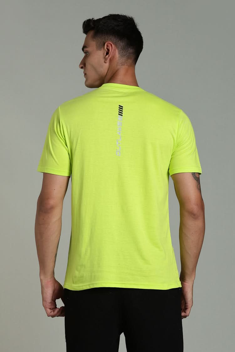 Outlaws Lime Green Athleisure T-shirt for men, featuring a comfortable fit and sporty design, displayed on a hanger or model.