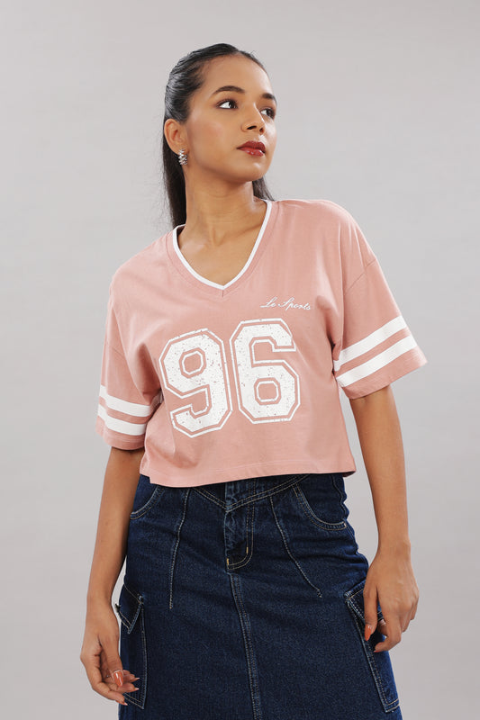 Outlaws Print Extended Sleeves Cotton Pink Boxy Top