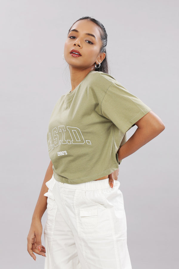 Printed Olive Cotton Boxy Top for Women – Extended Sleeves