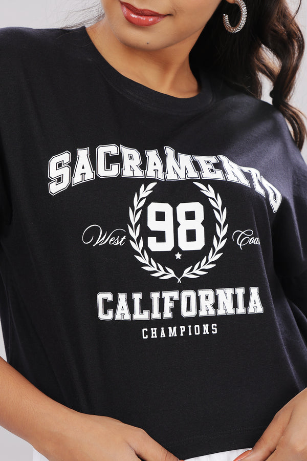 Printed Black Cotton Boxy Top for Women – Extended Sleeves