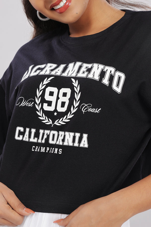 Printed Black Cotton Boxy Top for Women – Extended Sleeves