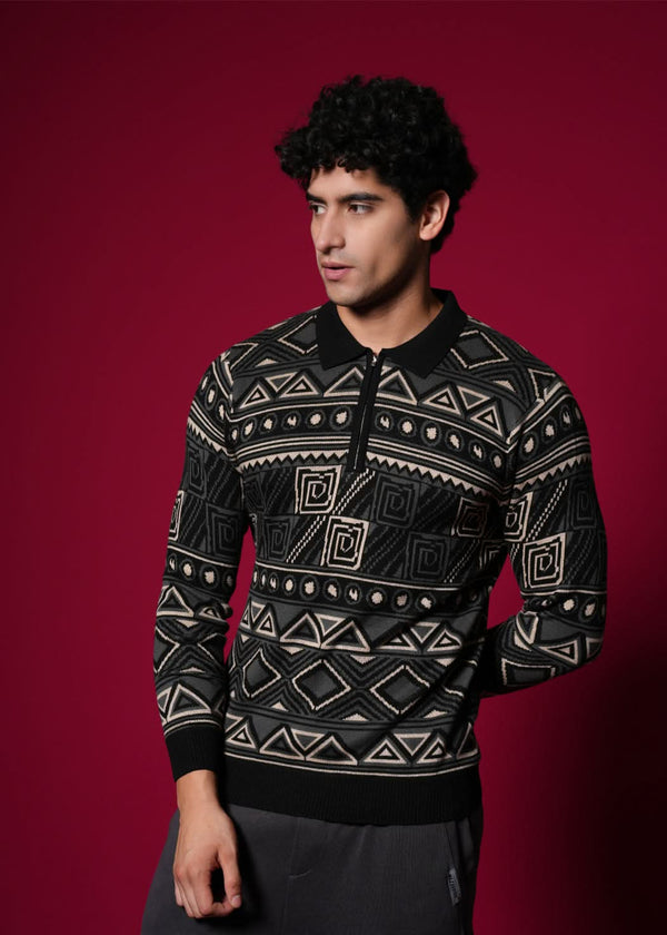Men’s 100% Cotton Flat Knit Geometric Sweater – Premium Winter wear