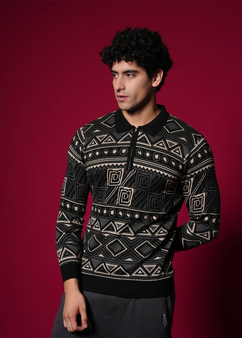 Men’s 100% Cotton Flat Knit Geometric Sweater – Premium Winter wear