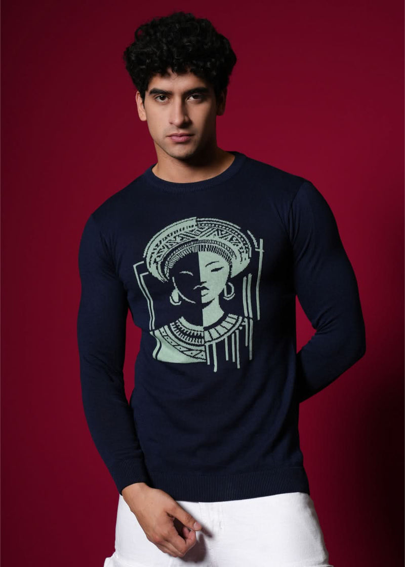 Men’s 100% Cotton Flat Knit Graphic Sweater – Premium Navy Blue Winter wear