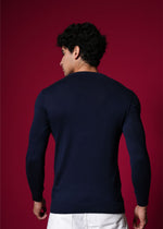 Men’s 100% Cotton Flat Knit Graphic Sweater – Premium Navy Blue Winter wear