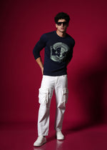 Men’s 100% Cotton Flat Knit Graphic Sweater – Premium Navy Blue Winter wear