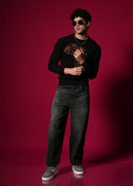 Men’s 100% Cotton Flat Knit Sweater – Black Tiger Graphic | Premium Winter wear