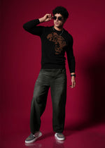 Men’s 100% Cotton Flat Knit Sweater – Black Tiger Graphic | Premium Winter wear