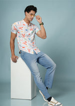 Men’s abstract print rayon shirt by Outlaws Fashion featuring vibrant, breezy summer style and colorful, artistic design.