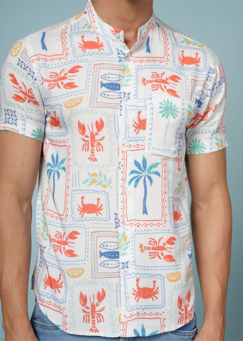 Men’s abstract print rayon shirt by Outlaws Fashion, featuring vibrant colors and a breezy summer style.
