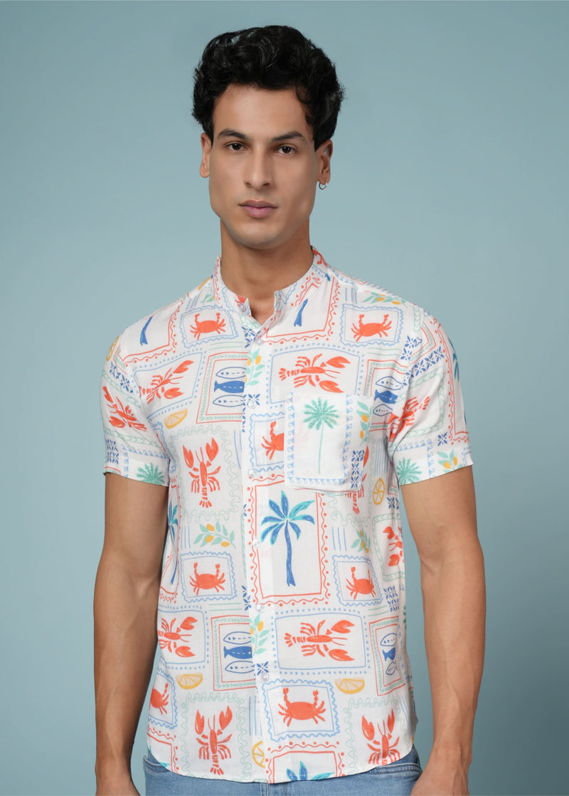 Men’s abstract print rayon shirt by Outlaws Fashion featuring vibrant, breezy summer style in a colorful, lightweight fabric.