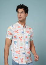 Men’s abstract print rayon shirt by Outlaws Fashion featuring vibrant colors and a breezy summer style.