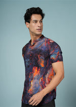 Men’s abstract printed rayon shirt from Outlaws Fashion, featuring soft fabric and stylish design for party wear.