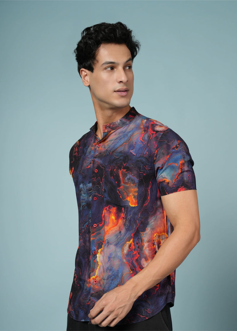 Men’s abstract printed rayon shirt from Outlaws Fashion, featuring soft fabric and stylish design for party wear.