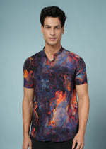 Men’s abstract printed rayon shirt by Outlaws Fashion, featuring soft fabric and stylish design, suitable for party wear.