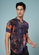 Men's abstract printed rayon shirt by Outlaws Fashion, soft and stylish party wear with vibrant pattern and comfortable fit.