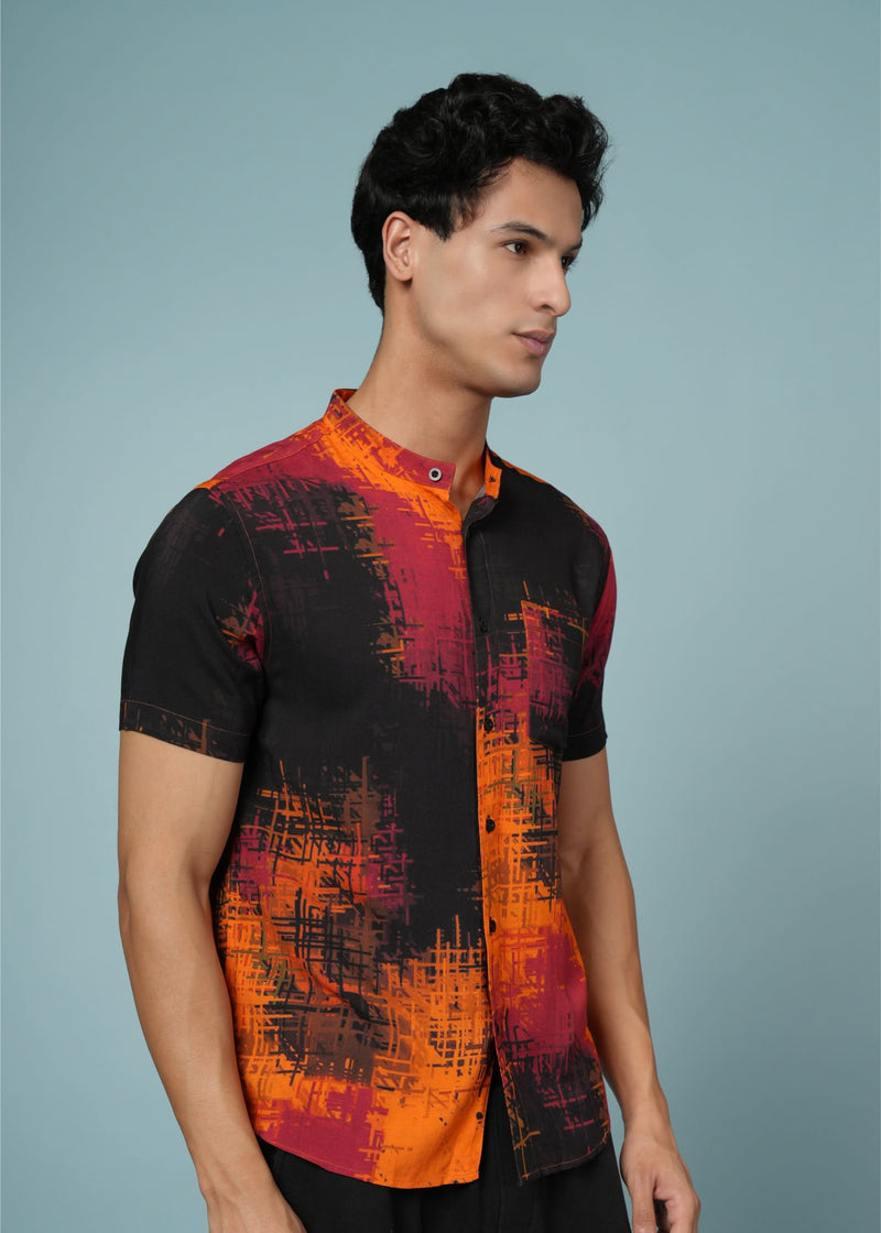 Men’s abstract rayon shirt in black and orange from Outlaws Fashion, featuring bold casual style and intricate pattern details.