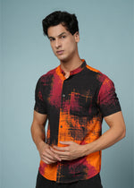 Men’s abstract rayon shirt in black and orange by Outlaws Fashion, casual wear with bold, vibrant design.